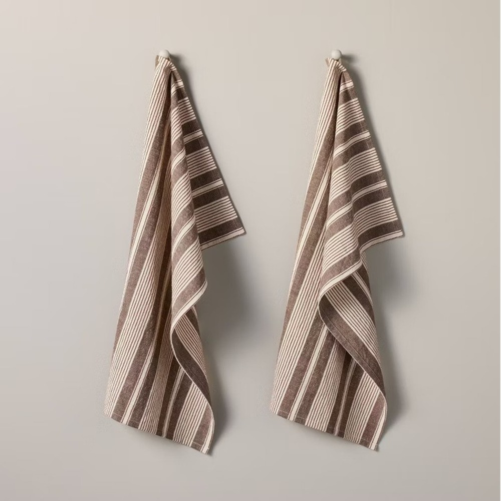 Hearth & Hand Kitchen Towels Dishtowel Set 2 Toffee Stripes Cotton & Linen